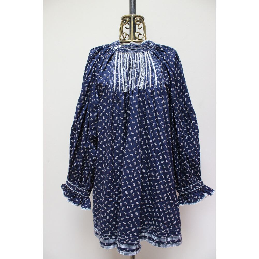 Doen Navy Beatrice Blue Floral Long Sleeve Pleated High Collar Dress Size XXL - Picture 3 of 8